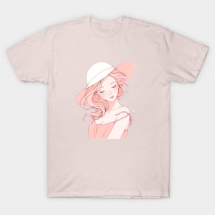 Minimalist line art pretty girl in pink T-Shirt